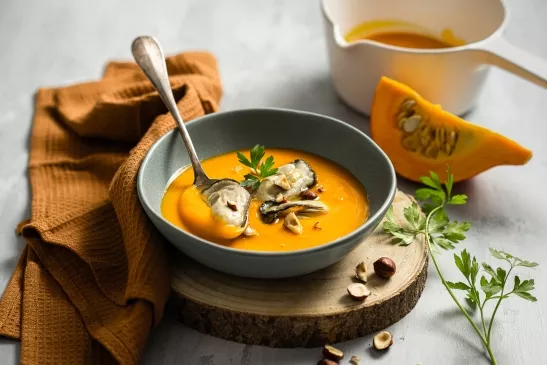 Un bol de velouté au potimarron avec des huîtres et des noisettes à la surface. Une recette autant hivernale qu'originale.